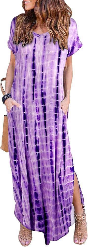 HUSKARY Women's Summer Maxi Dress Casual Loose Pockets Long Dress Short Sleeve Split Maxi Dresses | Amazon (US)