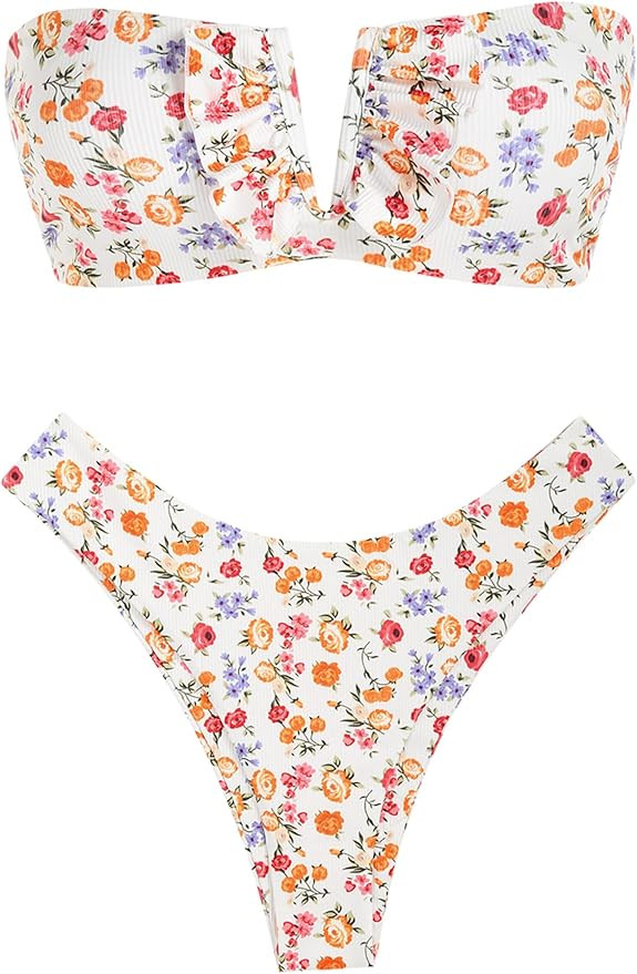 ZAFUL Women's Strapless Ribbed V Wired Lace Up Ruffle Tie High Cut Bandeau Swimsuits Bikini Set | Amazon (US)