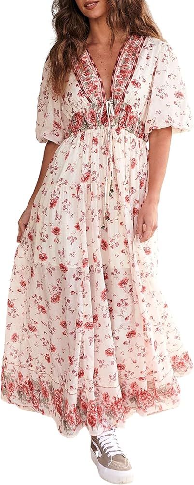 Women Bohemian Vintage Floral Maxi Dress Short Puff Sleeve Boho Flowy Ruffle A-Line Beach Dress Y... | Amazon (US)