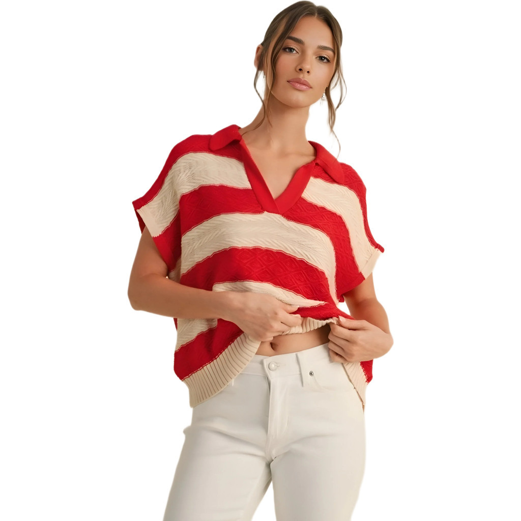 Knit and Lounge Striped Knit Polo Top in Red /Cream Striped at Nordstrom, Size Small | Nordstrom