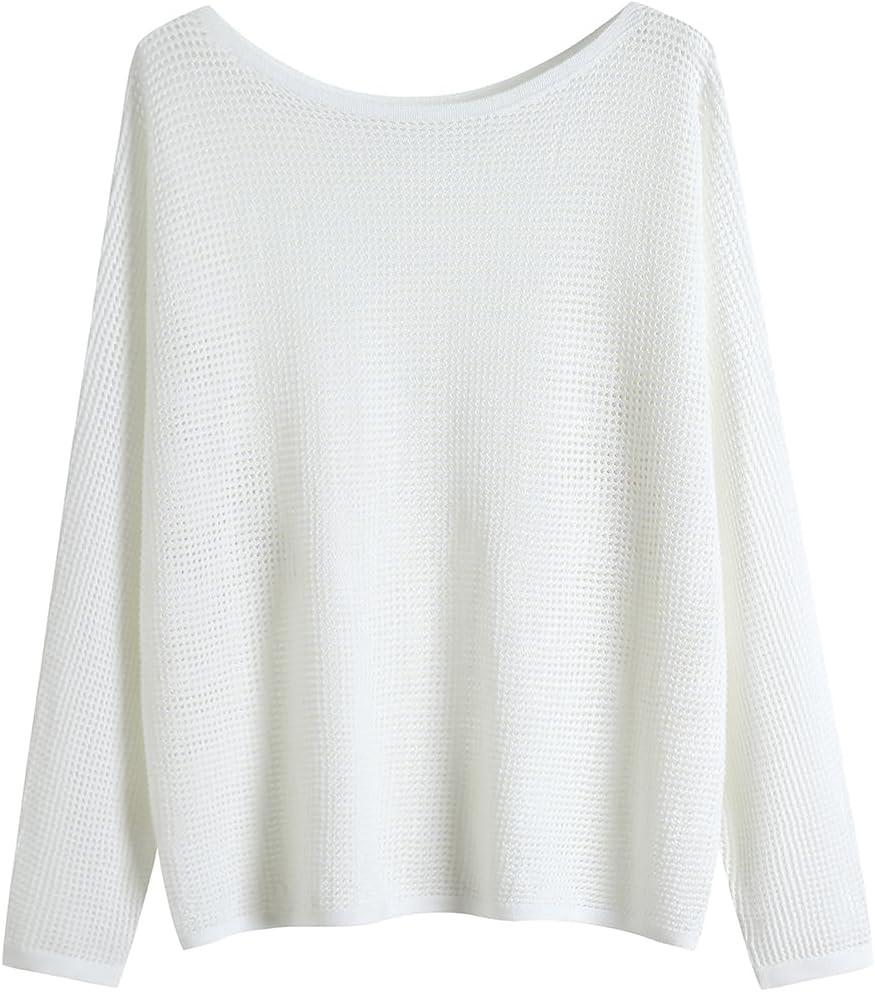 GABERLY Open Knit Boat Neck Batwing Sleeves Dolman Knitted Sweaters and Pullovers Tops for Women | Amazon (US)