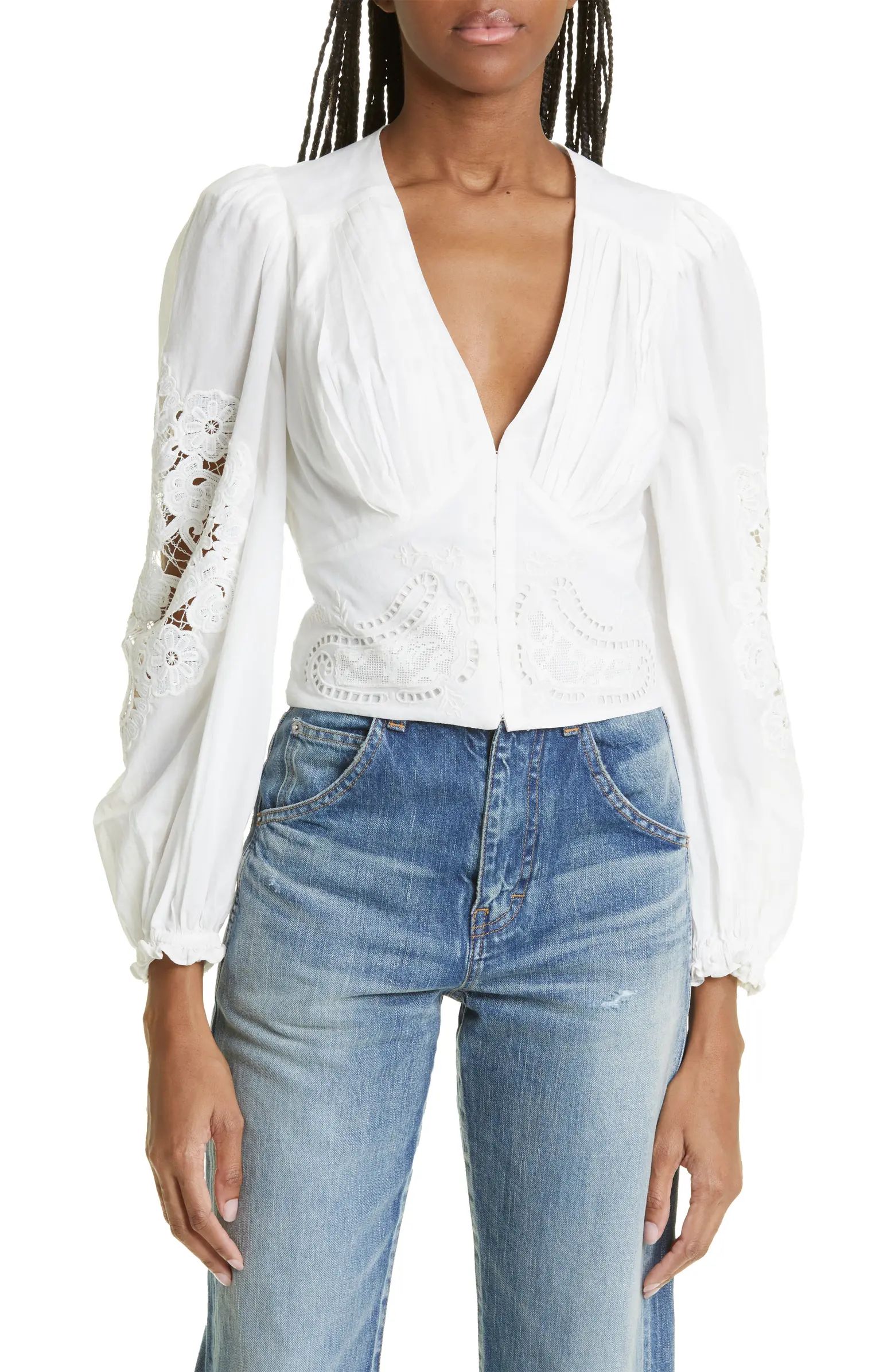 FARM Rio Eyelet & Lace Trim Cotton Blouse | Nordstrom | Nordstrom