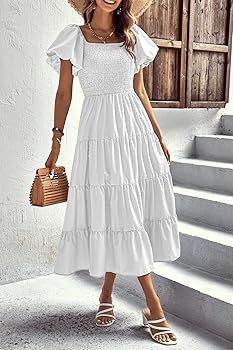 PRETTYGARDEN Women's Casual Summer Midi Dress Puffy Short Sleeve Square Neck Smocked Tiered Ruffl... | Amazon (US)