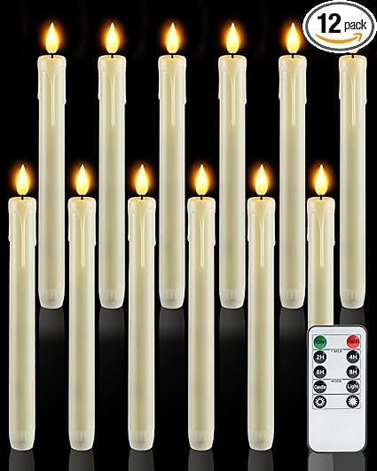 Homemory 12 Pcs Plastic Flameless Taper Candles with Remote Timer Dimmer, Ivory Led Candlesticks ... | Amazon (US)