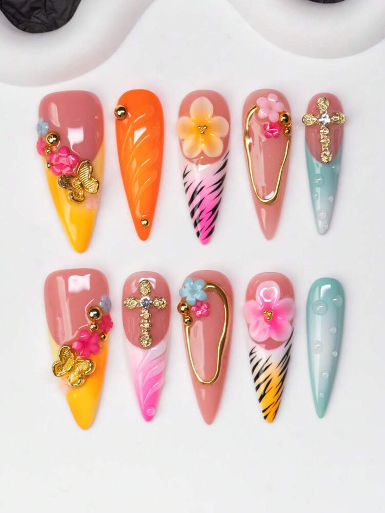 10pcs/Set Handmade Almond-Shaped Y2K Baddie Style Press-On Nails, Nude, Pink, Orange, Green, Orange Shades With French Tips, Zebra Print, Butterfly, Carved, Floral, Asymmetrical Liquid Metal Patterns, Cross Elements, Suitable For Women And Girls, Party, Dance, Daily Wear, Includes Tool Kit, Great Gift For Ladies Nail Supplies | SHEIN