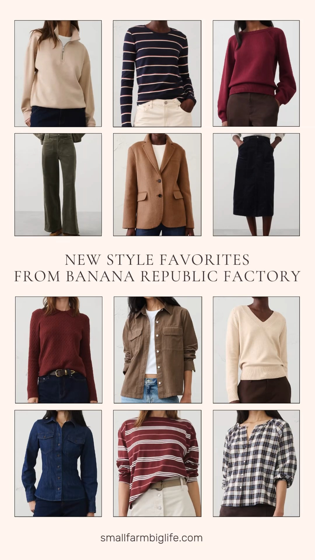 🍂 New Style Favorites From Banana Republic Factory

Everything at Banana Republic Factory is 50% off right now, so it's a great time to stock up on fall staples with a preppy, polished look. For fall layering, there's an afternoon latte double face blazer in a wool blend, a mocha latte relaxed corduroy shirt, a dark wash fitted denim shirt, and a tan lightweight quarter zip sweatshirt for weekends. Fall sweaters include a bright wine pointelle sweater with volume sleeves, a deep brick boucle sweater with a collar neck, and an oatmeal heather V neck that's so soft. Pair them with dark olive high rise wide leg corduroy pants with patch pockets or a navy seamed corduroy midi skirt. Classic striped tees in navy and cream or wine, white, and pink, plus a brown, cream, and navy plaid raglan top, round out the mix. Rich fall colors, corduroy, and a camel blazer make easy fall outfits for women over 50, and they work for the office, weekends, and Thanksgiving too. At half off, now is a great time for a fall fashion haul. 

 #LTKootd #LTKOver40
