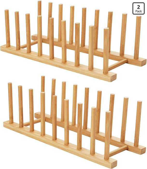 HBlife 2pcs Bamboo Dish Plate Bowl Cup Book Pot Lid Cutting Board Drying Rack Stand Drainer Stora... | Amazon (US)