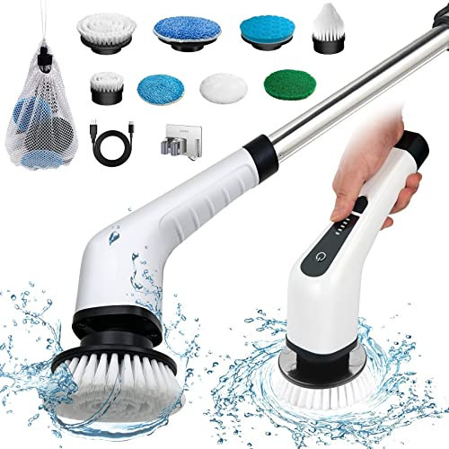 Electric Spin Scrubber, Cordless Bath Tub Power Scrubber with 8 Replaceable Drill Brush Heads, Shower Cleaning Brush with Adjustable Handle for Bathroom, Tile Floor & Car, White, (ANS-8050) | Amazon (US)