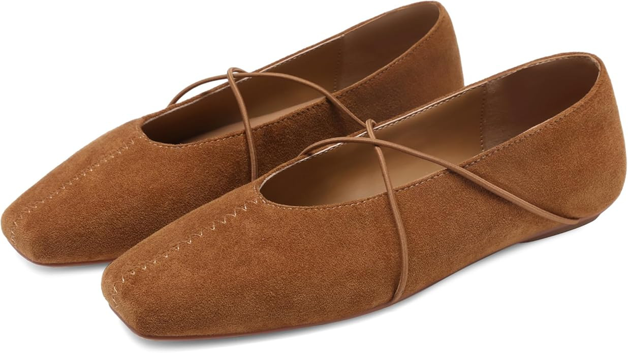 Women's Square Toe Ballet Flats Criss-Cross Straps Comfortable Slip On Mary Jane Flat Shoes for O... | Amazon (US)
