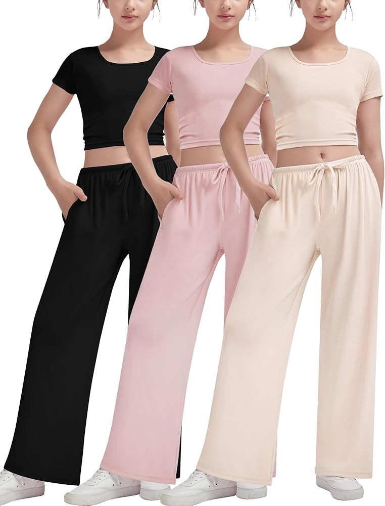 EXARUS Girls 3 Pack Lounge Sets Outfits 2 Piece Ruched Cropped Short Sleeve Drawstring Wide Leg P... | Amazon (US)