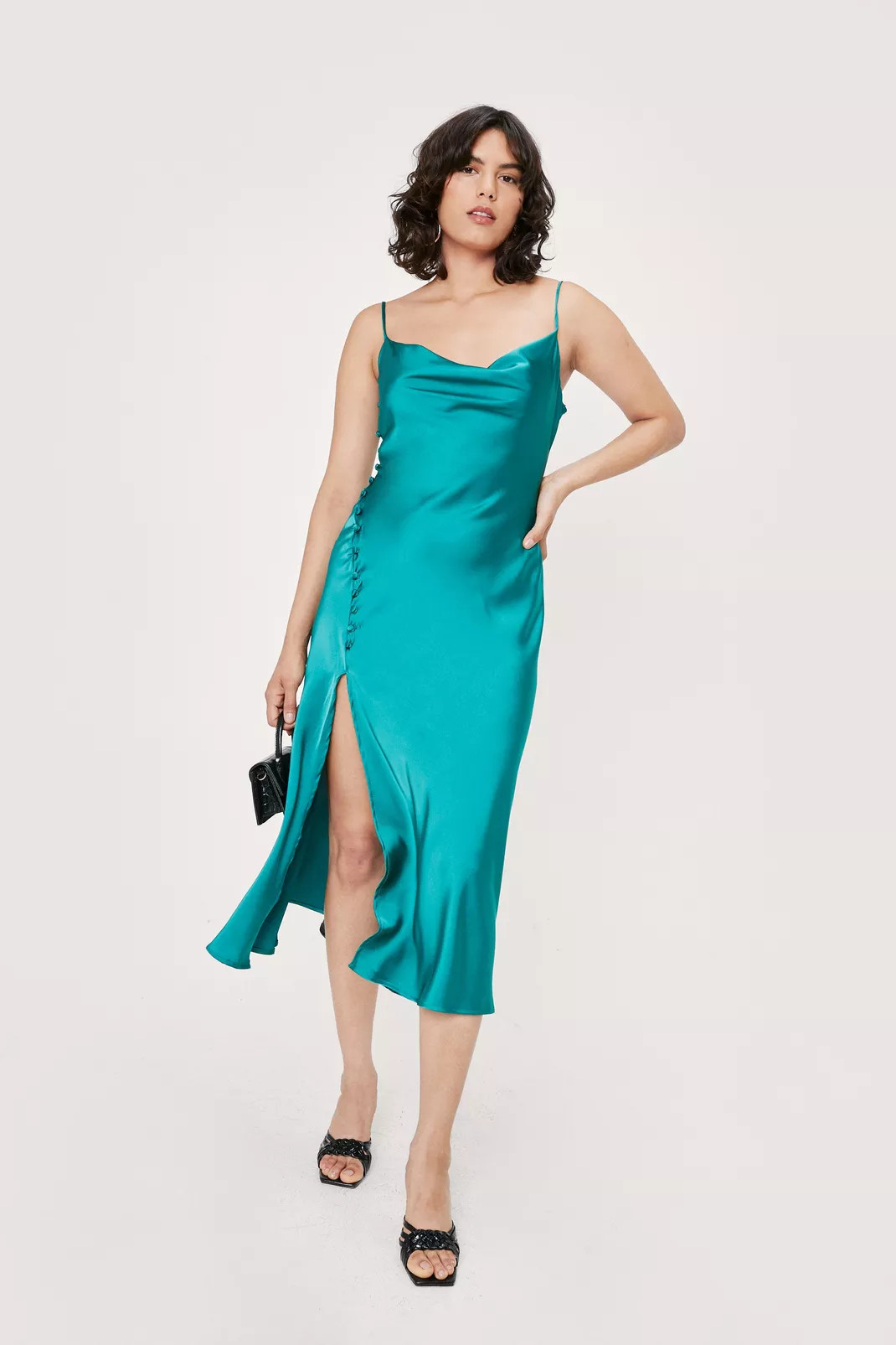 Satin Button Detail Cowl Neck Midi Dress | Nasty Gal (US)