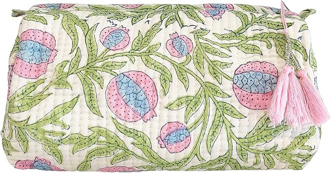 Block Print Designer Toiletry Bag & Makeup Case - Boho Floral Quilted Pouch for Cosmetics | Amazon (US)