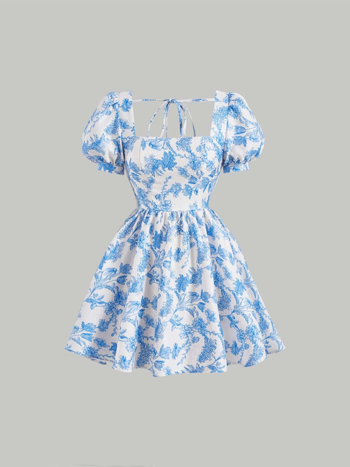 SHEIN MOD Floral Print Square Neck Puff Sleeve Dress | SHEIN