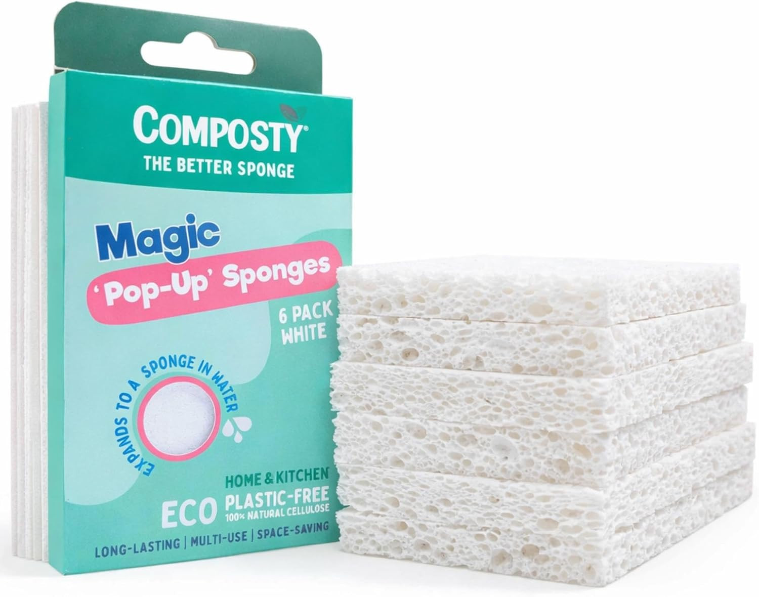 Composty Pop-Up Sponges 6 Pack White | Eco Sponges Washing Up | Compostable Kitchen Sponge | Plastic Free, Non-Scratch | Reusable Cellulose Pads | Multiuse, washable, reusable, long-lasting, durable | Amazon (UK)