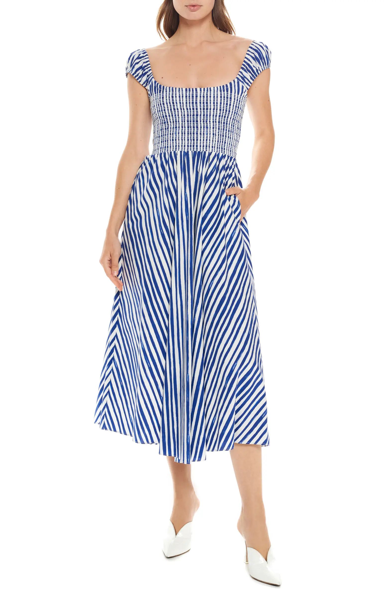 Vivian Stripe Smocked Bodice Cotton A-Line Dress | Nordstrom