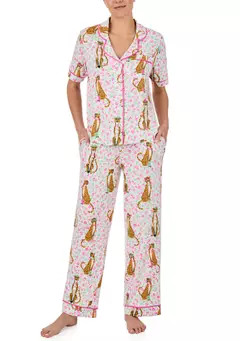Cropped Printed Notch Collar Top and Pants Pajama Set | Belk