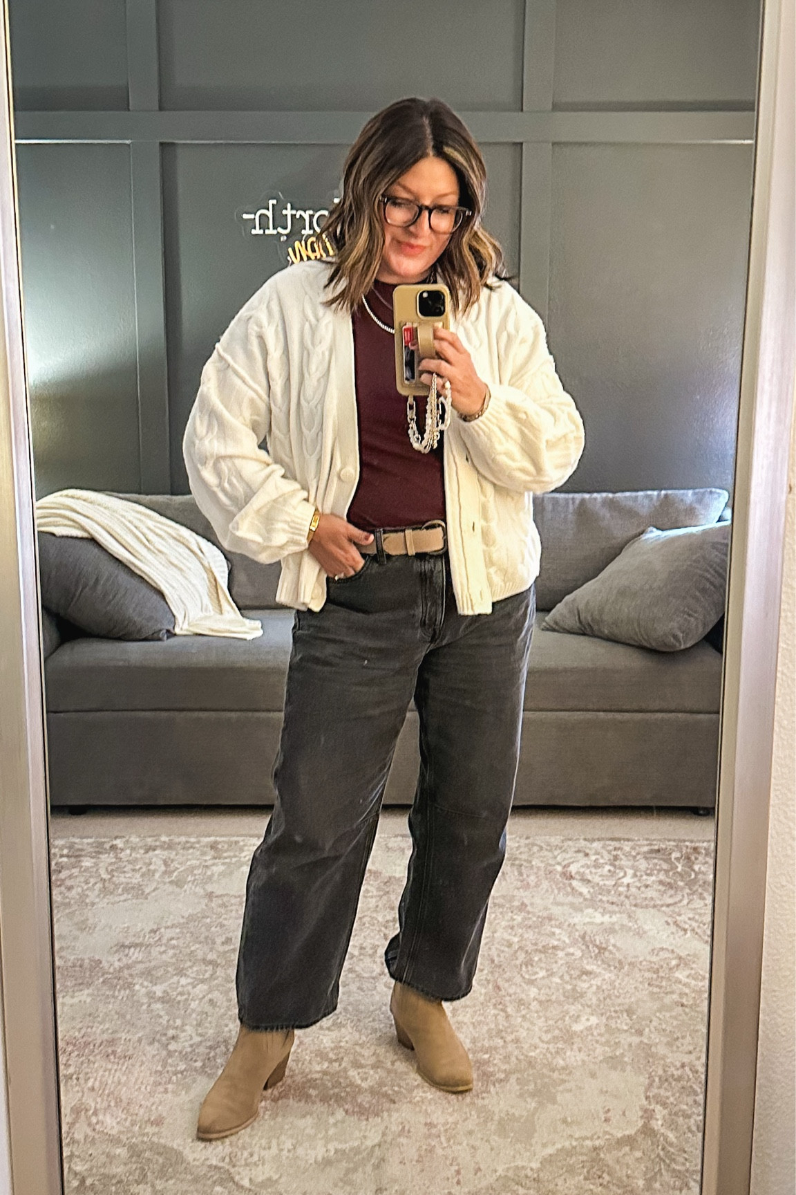 Today’s teaching ‘fit. Both the tee & cardi are size XL & are from Target. The belt (L), is from banana republic. The barrel leg jeans (31) are from Madewell. And the Dolce Vita boots are old but I’ve linked similar  

#LTKOver40 #LTKSaleAlert #LTKMidsize