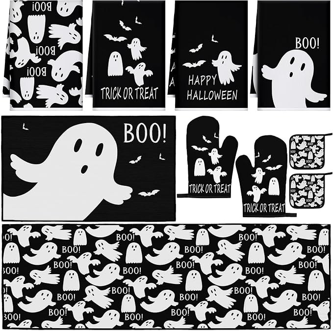 Fourluoo 10 Pcs Halloween Ghost Kitchen Sets, Dish Towels Oven Mitts Mat | Amazon (US)