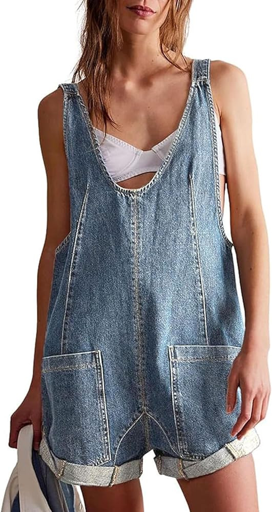 Denim Overall Shorts for Women Causal Jean Denim Romper Adjustable Straps Sleeveless Shortalls wi... | Amazon (US)