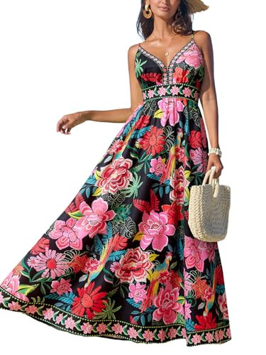 CUPSHE Women's Summer Dresses Casual Spring V Neck Sleeveless Floral Beach Vacation Long Spaghetti Strap Flowy Maxi Wedding Guest Dress Black Floral, M | Amazon (US)