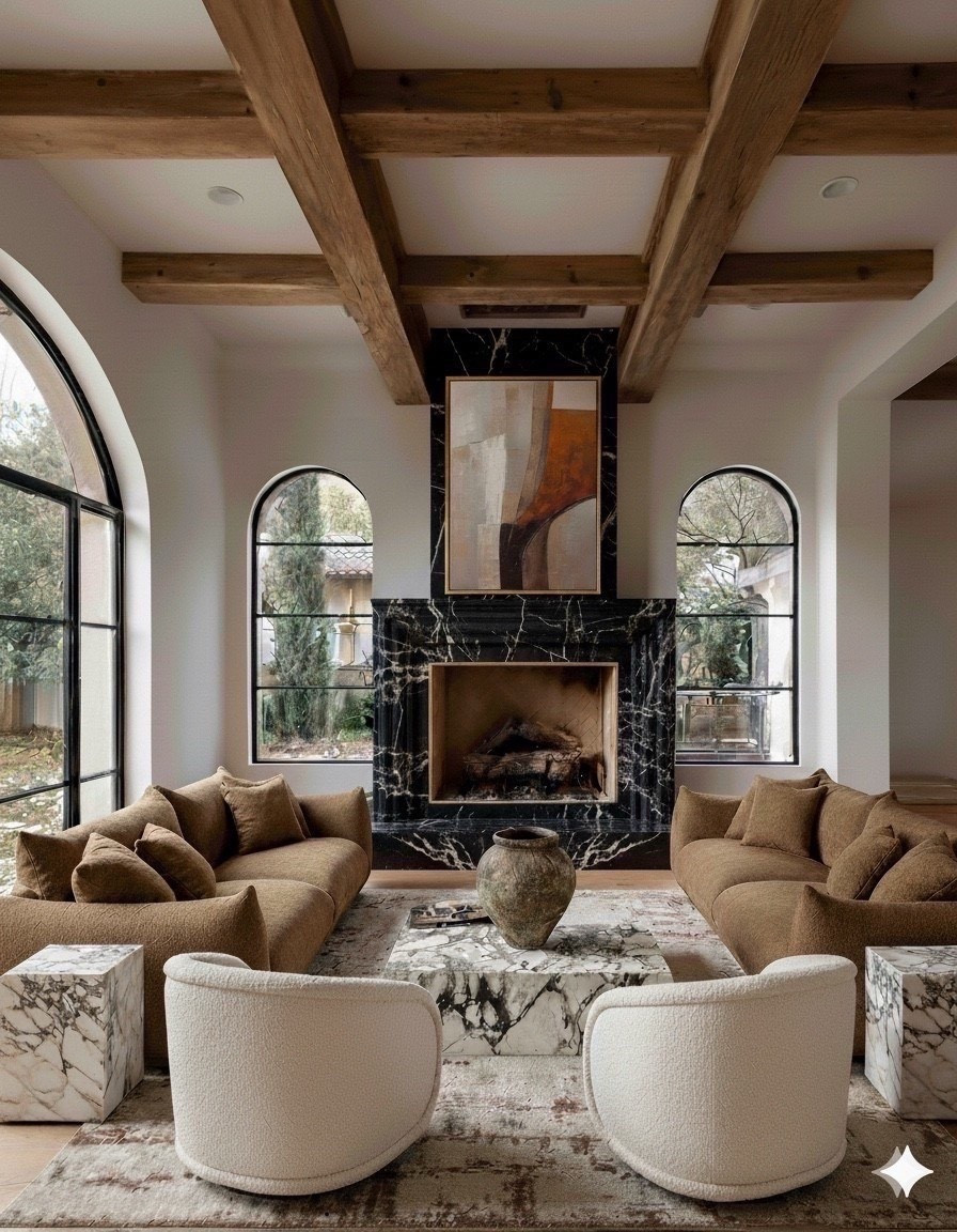 Modern and traditional style living room. The brown sofa perfectly coordinating with the marble coffee tables. Marble end tables, white cream swivel chairs, terracotta vase, abstract brown wall art.


#LTKHome #LTKSaleAlert