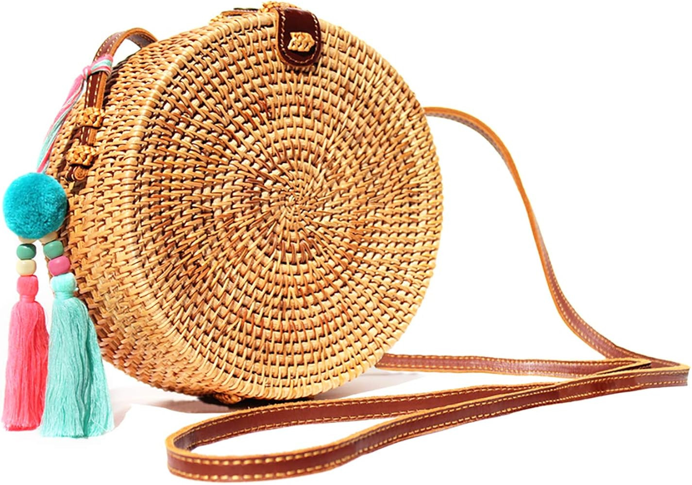 Handwoven Round Rattan Bag, Leather Shoulder Strap, Two Pocket Boho Bali Wicker Crossbody Handbag | Amazon (US)