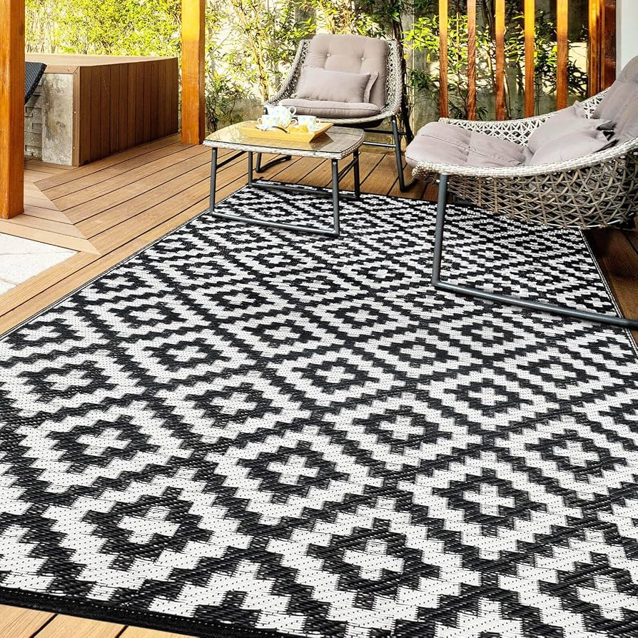 Outdoor Patio Rug Waterproof Camping - 4x6 ft Black Outdoor Rugs Outdoor Carpet, Plastic Straw Ar... | Amazon (US)
