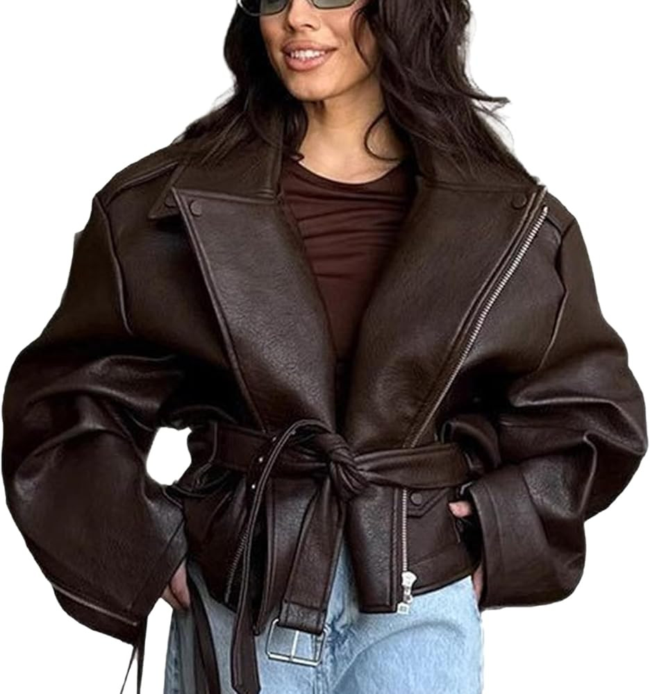 Mandonce Leather Jacket Zip up Oversized Motorcycle Cropped Jacket with Belt Y2K Streetwear Fall ... | Amazon (US)