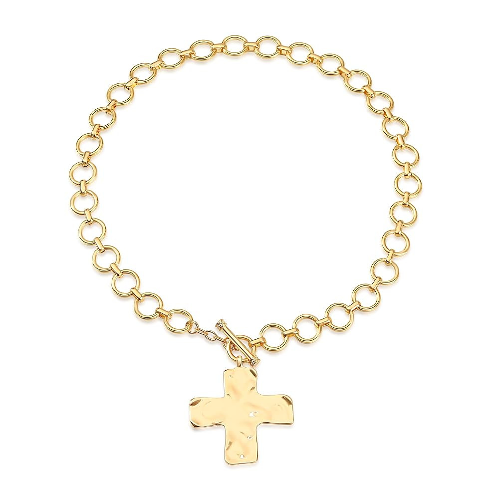 MQV Chunky Statement Gold Hammered Bold Cross Necklace Thick Chain Vintage Chain Pendant Jewelry | Amazon (US)