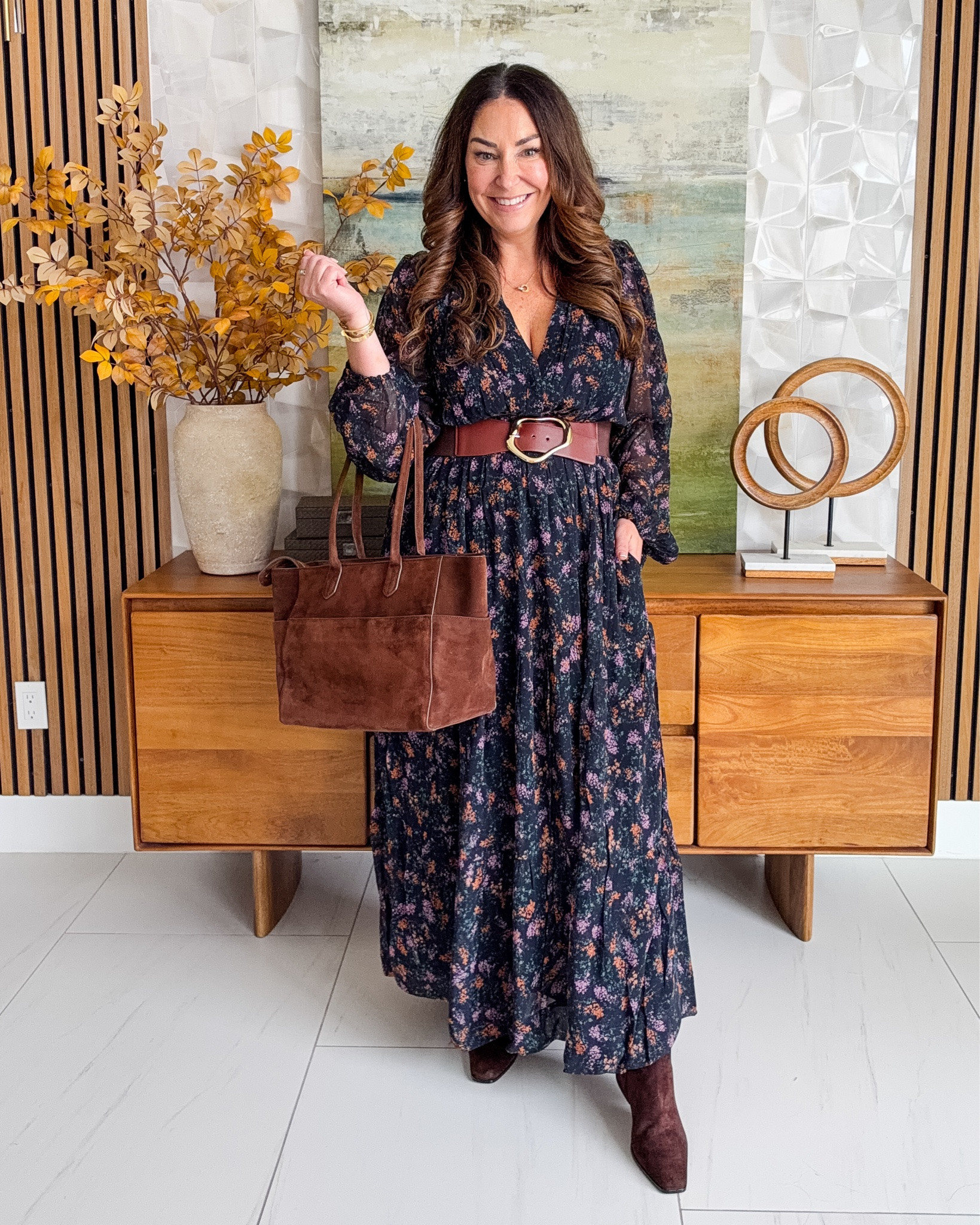 Fall florals done right 🍂 This maxi dress with a wide belt, suede boots and tote is perfect for fall events, church or family photos. Wearing tts, large

#LTKSeasonal #LTKOver40 #LTKMidsize