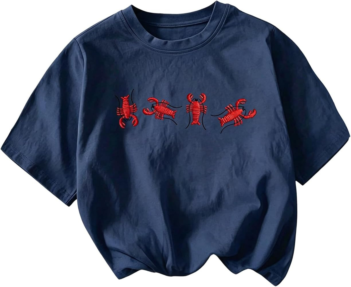 OYOANGLE Women's Lobster Embroidery Crew Neck Short Sleeve T Shirt | Amazon (US)