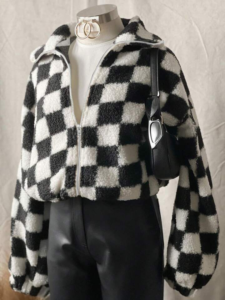 Women's Casual Fuzzy Plaid Jacket, Warm Outerwear, Classic Checkered Versatile Daily Wear | SHEIN