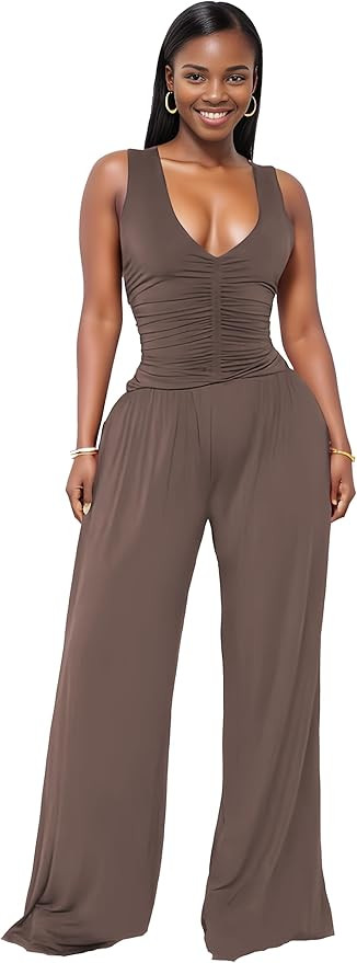 Jumpsuits for Women Dressy Casual Wide Leg Rompers Pants One Piece Suits Sleeveless High Waist Va... | Amazon (US)