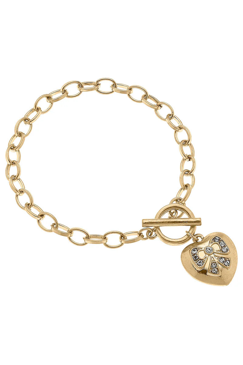 Rylan Pavé Bow Heart Charm T-Bar Bracelet in Worn Gold | CANVAS