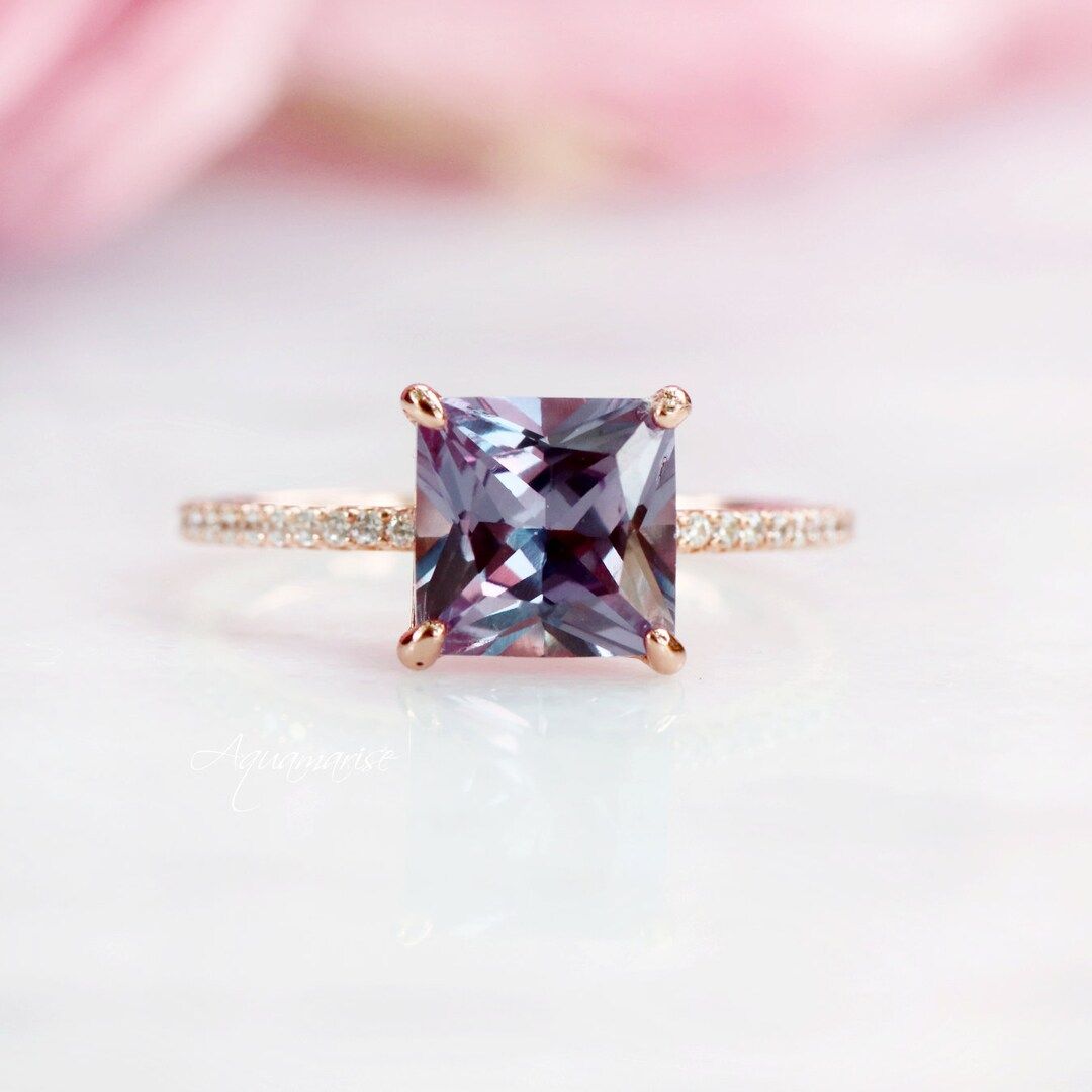 Princess Cut Alexandrite Ring 14K Rose Gold Vermeil Gemstone Engagement Ring For Women Promise Ri... | Etsy (US)