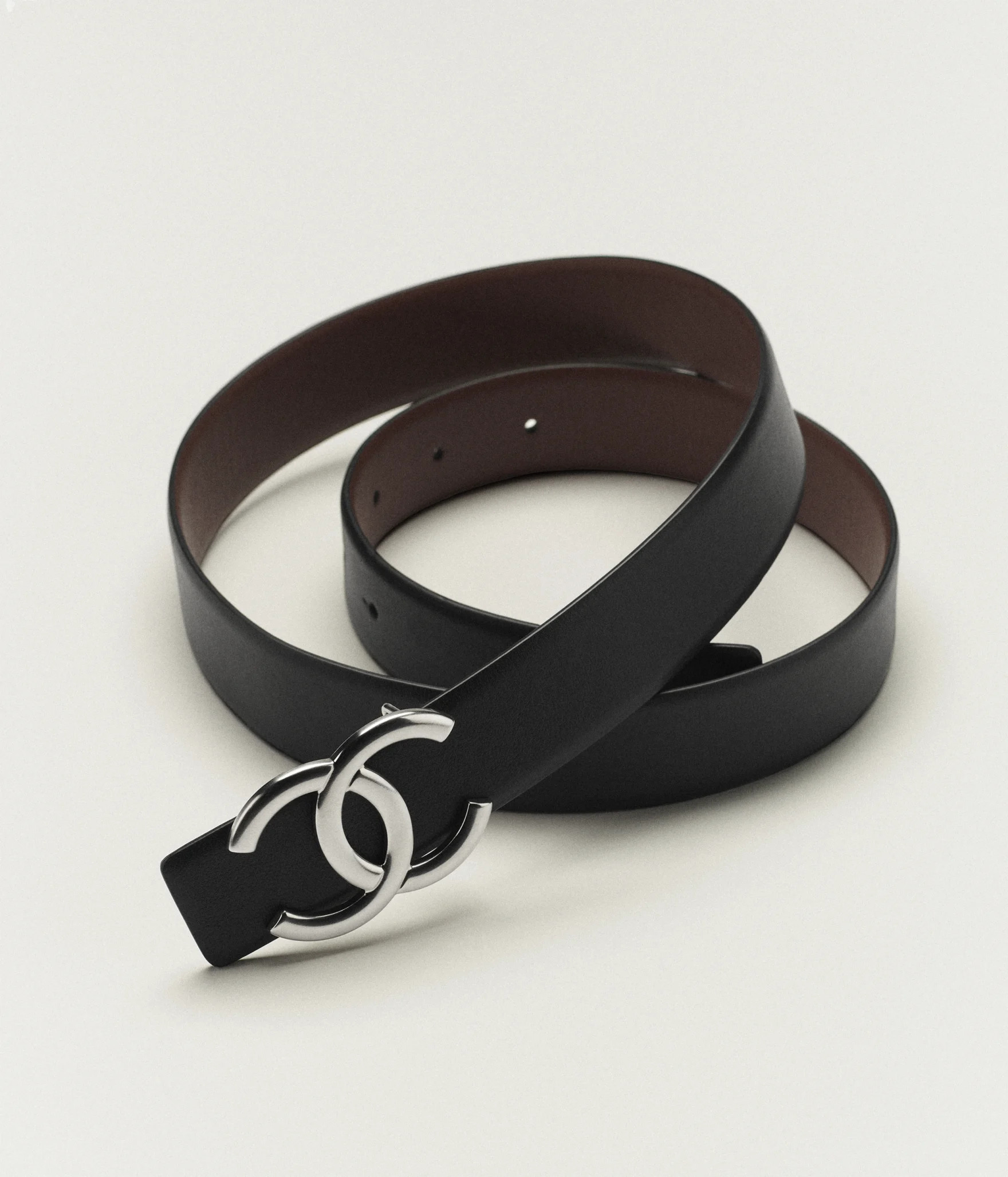 Belt - Calfskin & metal, black, burgundy & silver — Fashion | CHANEL | Chanel, Inc. (US)