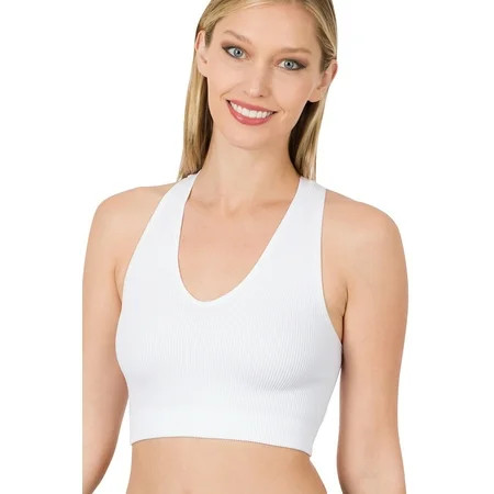 Ribbed Knit Seamless Halter Neck Crop Tank Top (White LXL) | Walmart (US)