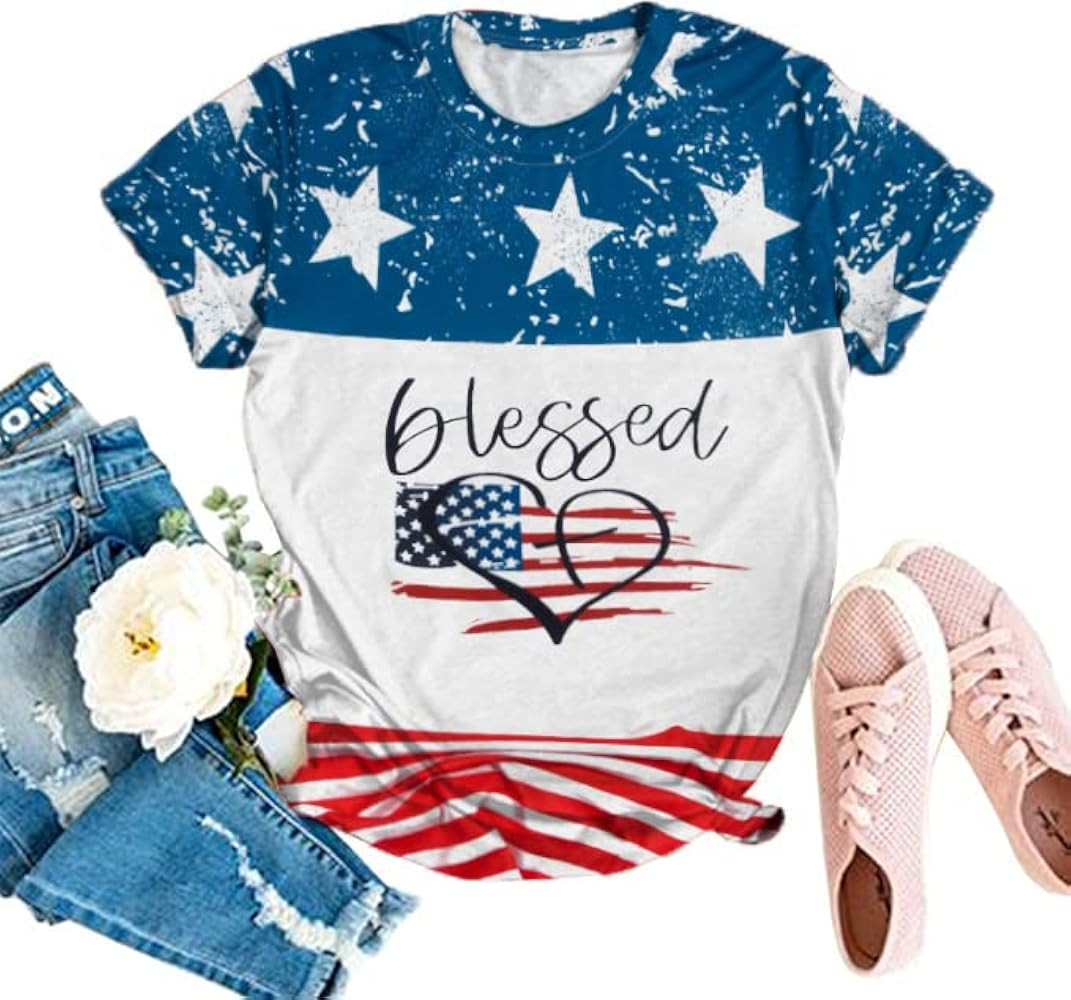 American Flag Shirt Women 4th of July Blessed Heart Graphic Tee White Tee White T Shirt Amazon | Amazon (US)