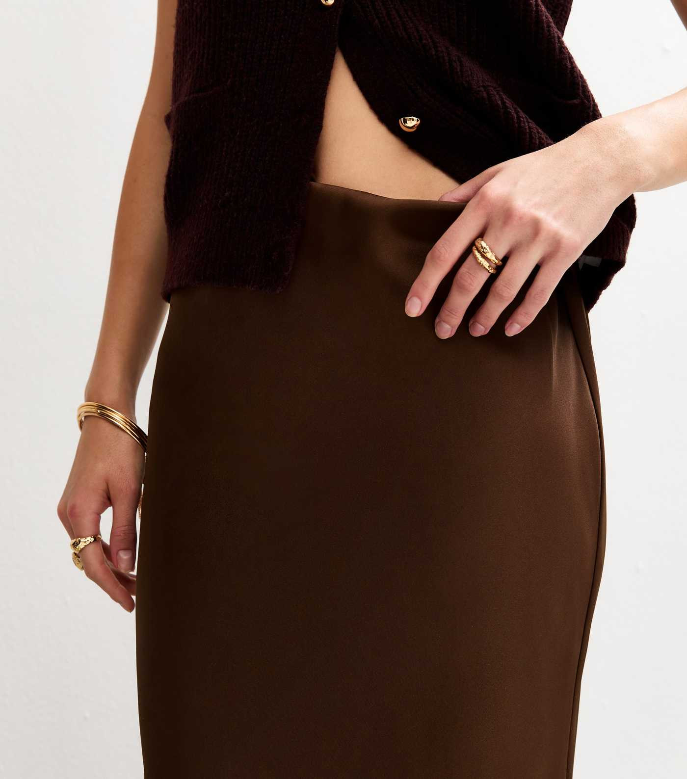 Dark Brown Satin Bias Cut Midi Skirt | New Look | New Look (UK)