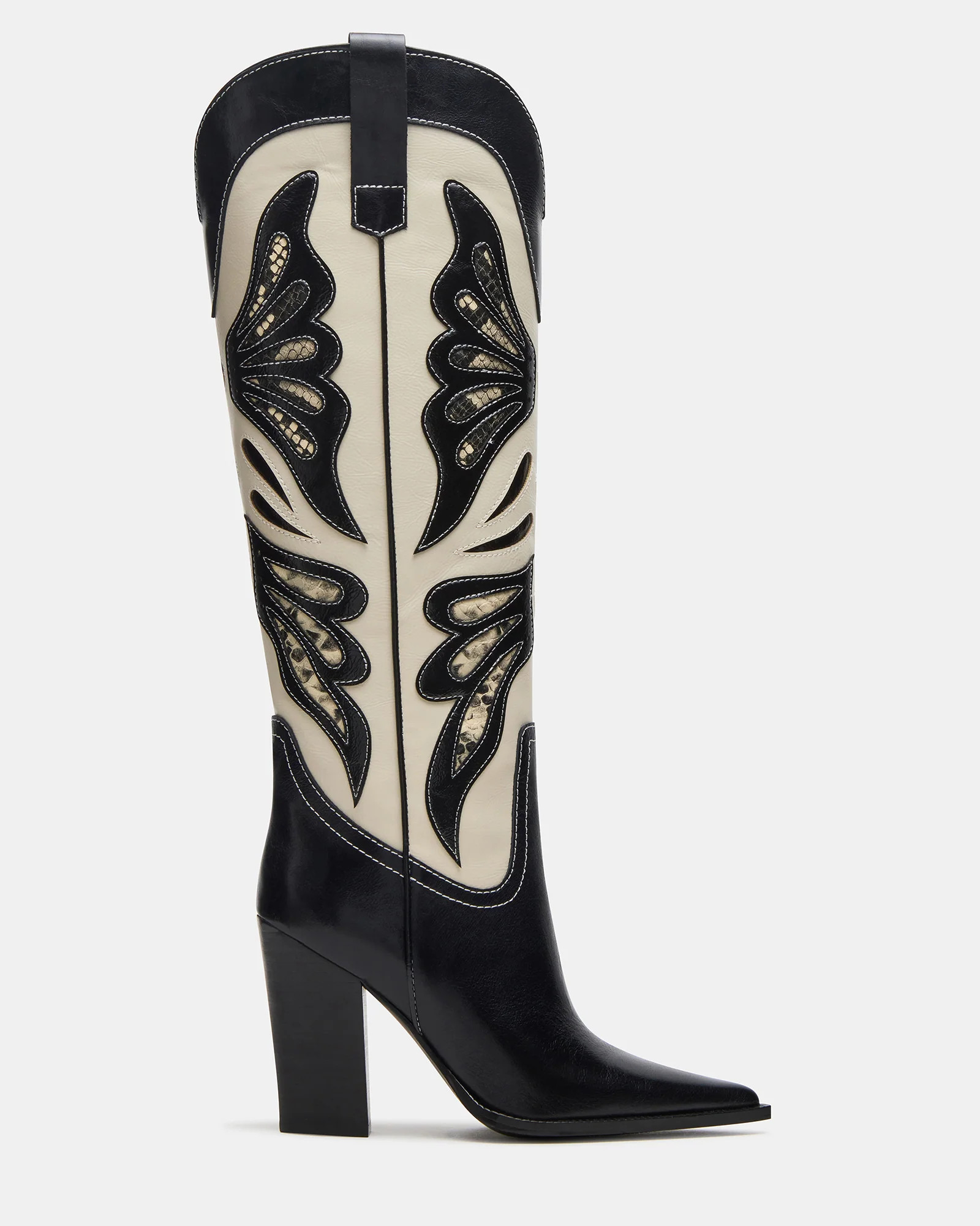 KAZ Black/White Pointed-Toe Knee-High Block Heel Western Women's Boot | Steve Madden (US)