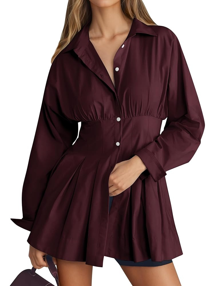 Livtany Women's Waist Cinched Collared Button Down Shirt | Amazon (US)