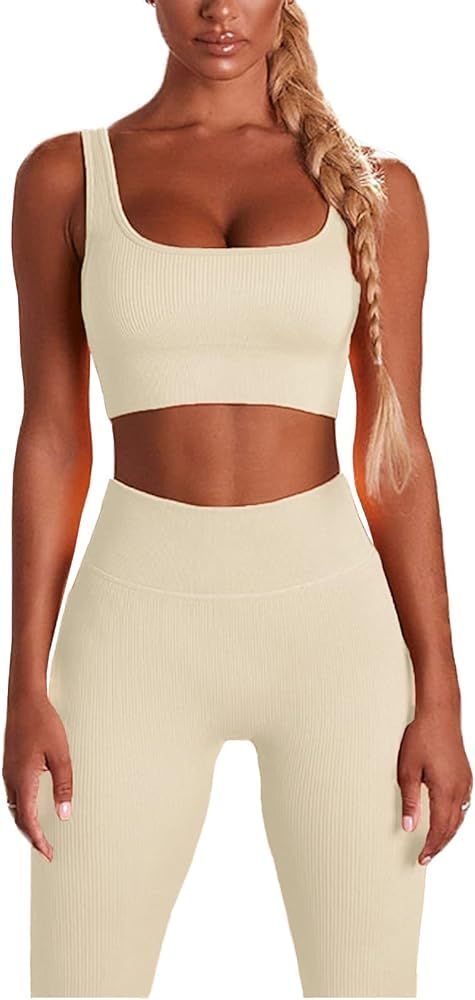 MATIRD Seamless Workout Set for Women 2 Piece Yoga Outfits Activewear Set Ribbed High Waist Leggings | Amazon (US)