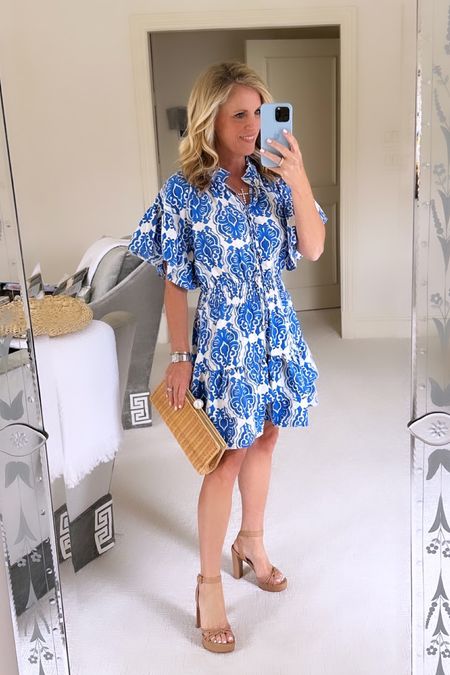 The perfect blue and white print dress for spring break! Has fabulous ruffle detail 
fits true to size
Under $100 

#LTKover40 #LTKfindsunder100 #LTKSeasonal