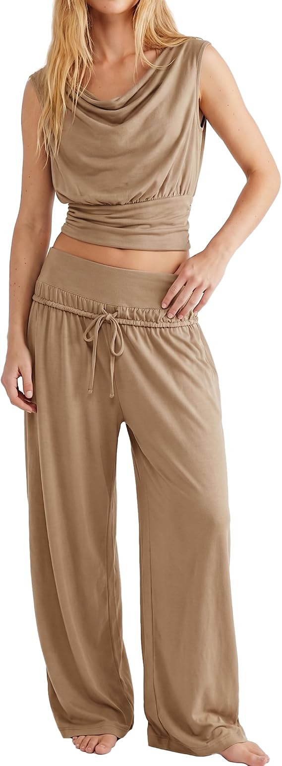 Womens Summer 2 Piece Outfits Cowl Neck Tops Wide Leg Pants Sets | Amazon (US)