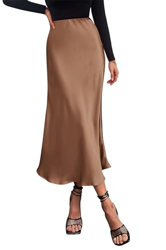 PRETTYGARDEN Women's Satin Skirts Dressy Casual 2025 Fall High Waisted Cocktail Wedding Flowy Elegant A Line Midi Skirt (Coffee,Small) | Amazon (US)