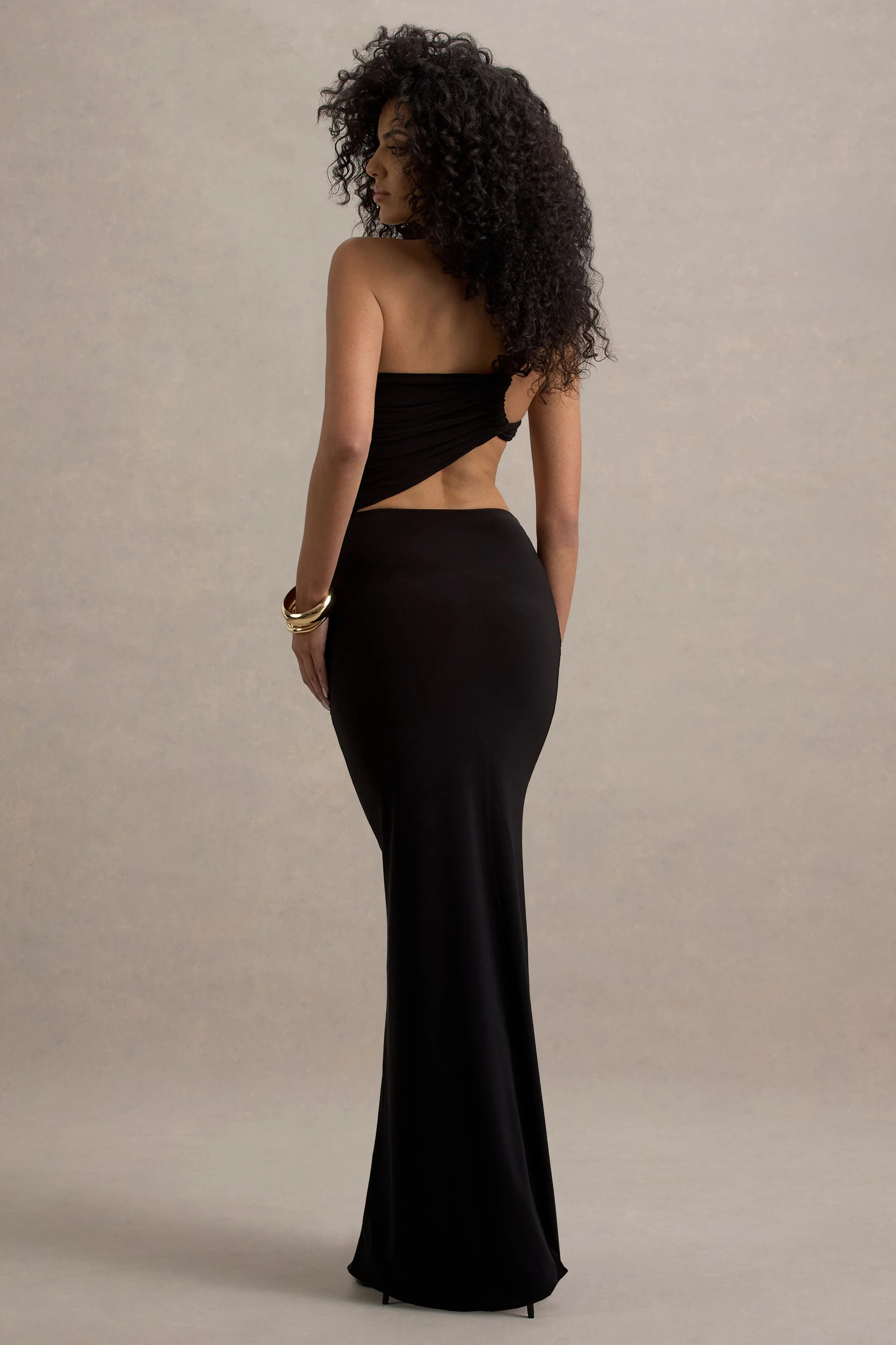 Giovanna | Black Asymmetric Maxi Dress With Wrap Skirt | Club L London