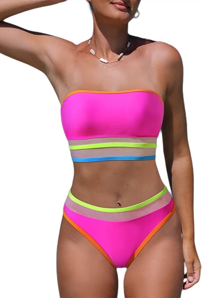 popvil Two Piece Bikini Sets for Women Strapless Cutout Bathing Suits High Waisted Swimsuit | Amazon (US)