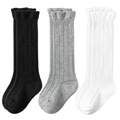 Cozyway Ruffled Knee-High Socks, 3 Pairs for Baby Girls, Black White Grey, 1-3 Years | Target