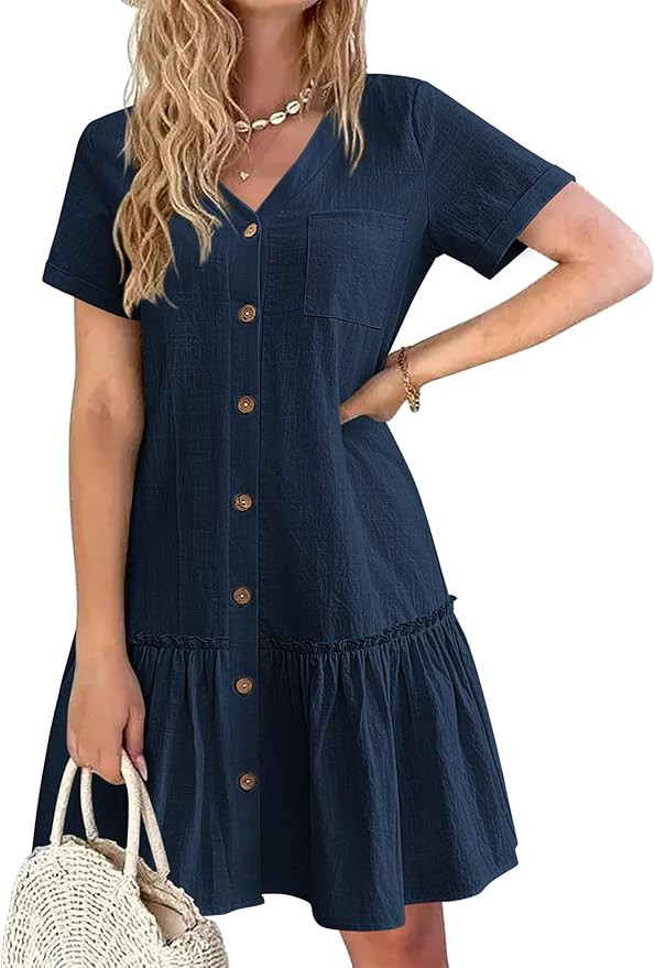 HOTOUCH Women Button Down Dress Loose Summer Cotton Linen Dress Ruffle Hem Casual Dress Short Sle... | Amazon (US)