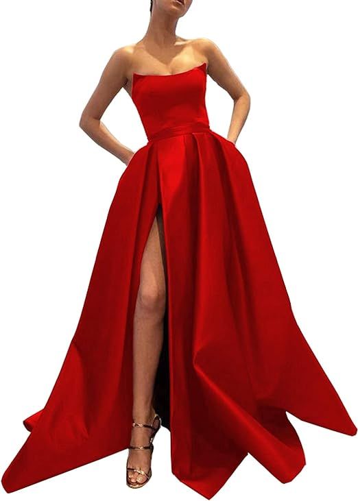 Ever-Beauty Womens Long Strapless Satin Prom Dress Sleeveless Slit Evening Ball Gown with Pockets | Amazon (US)